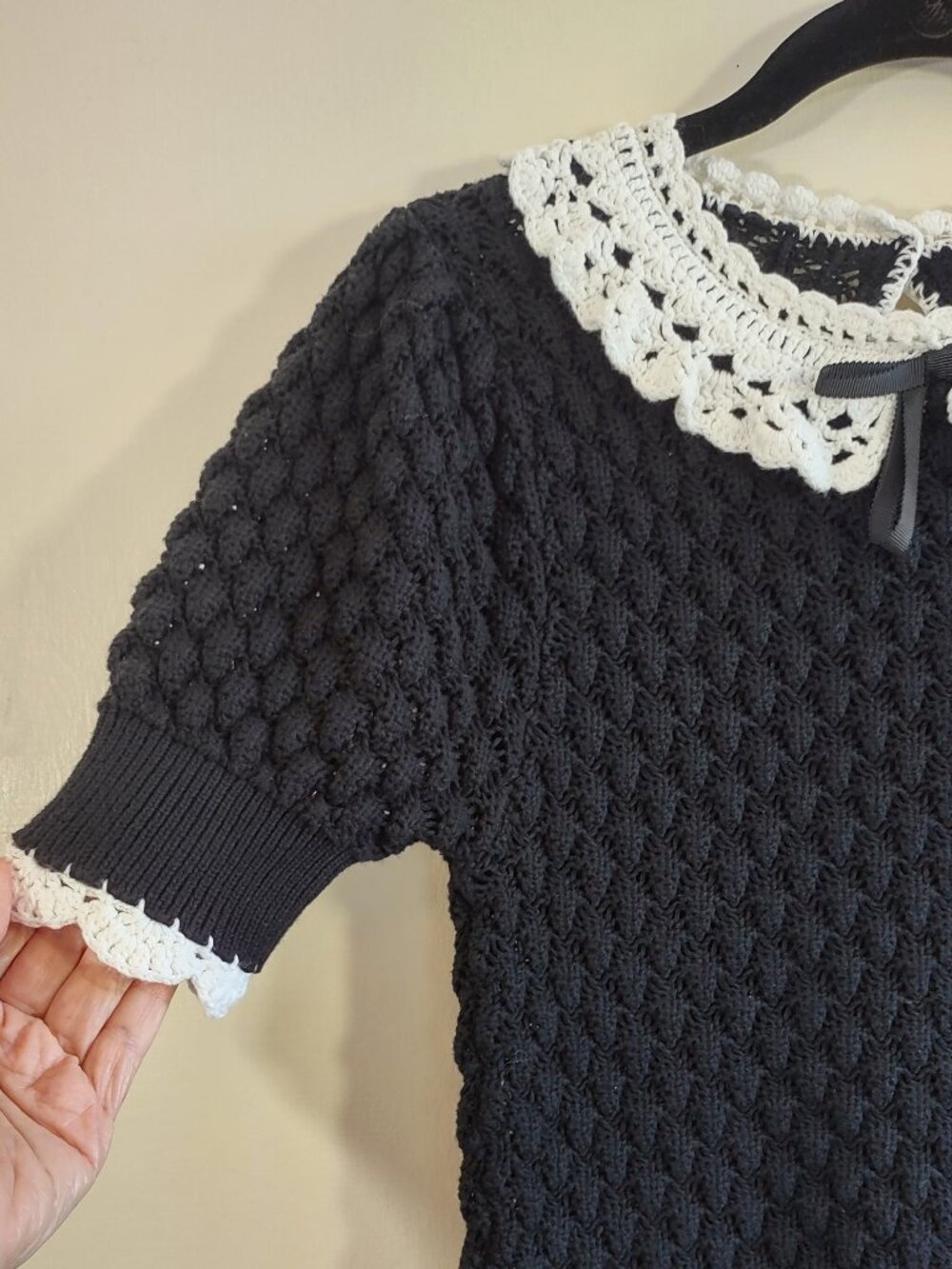 ZARA Knit Peter Pan Collar Top Size Small Black & White Puff Sleeve Femme Preppy - Picture 5 of 11